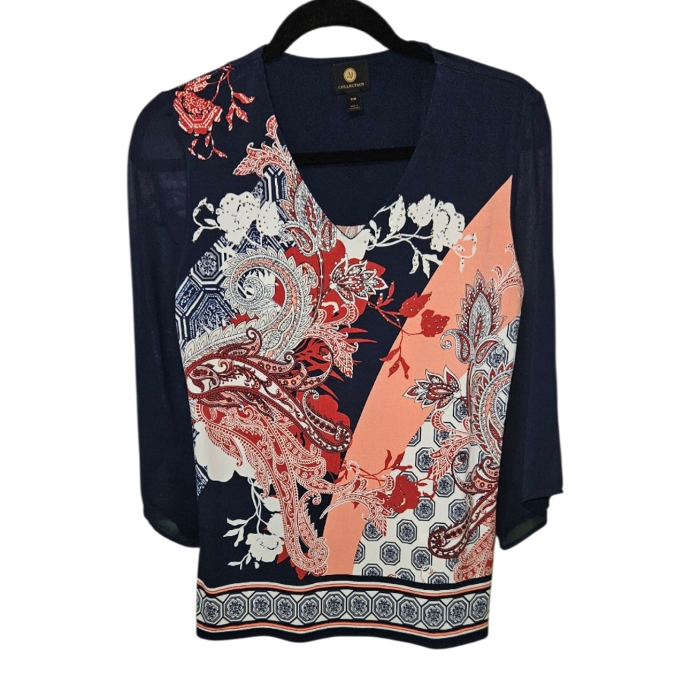 JM Collection Navy and Coral Paisley Blouse
